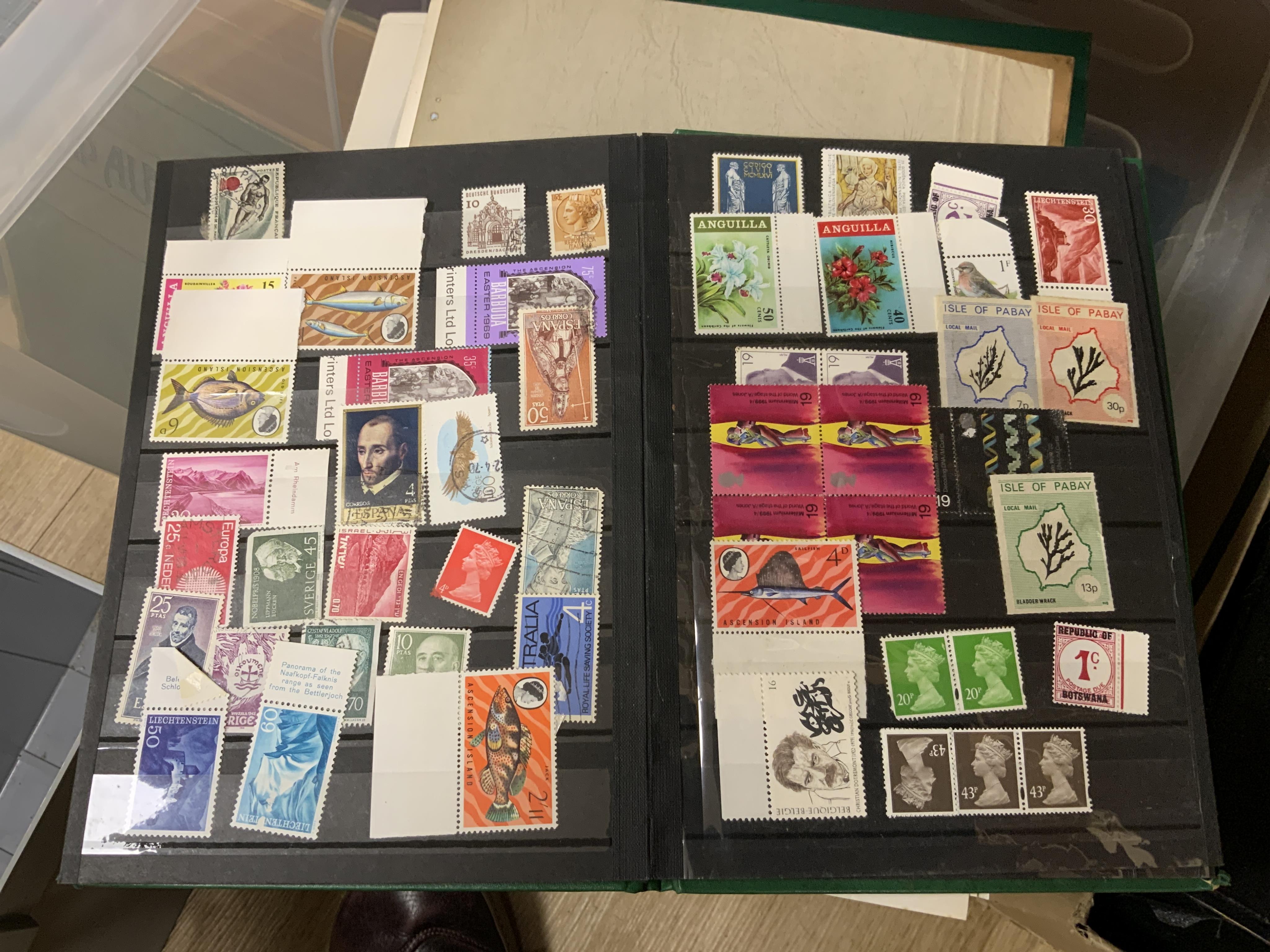 Five stamp albums, together with a quantity of loose leaves contained within a plastic box file, world stamps including; unused Belgium and German stamps with the theme of European Art, etc. unused part sheets of French